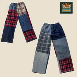 アップサイクルされたパッチワークチェックデニムパンツ