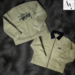 Stussy rework style beige detriot embroidery jacke..