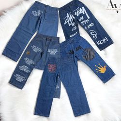 Stussy rework style baggy printed jeans