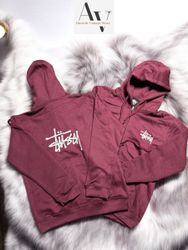 Stussy rework style embriodery maroon zipper hoodi..