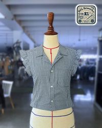 Upcycled Gingham Flutter-Sleeve Top