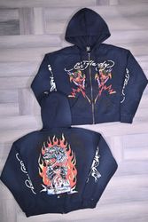 Ed Hardy Tiger Flame Boxy Navy Men's Zipper Hoodie..