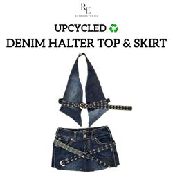 Upcycled Denim Halter Top & Skirts