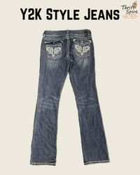 Y2K 装飾された/刺繍入りジーンズ (シルバー、Vigoss含む) - [TS-0402]