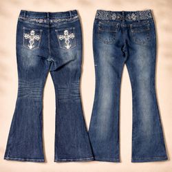 Y2K Flared Women Embellished Embroidered Jeans