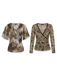 (FV-999) Y2K Earth Tone Boho Floral printed mesh t..