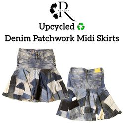 Upcycled Denim Patchwork Midi Skirts
