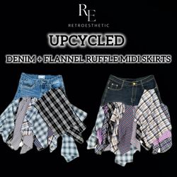 Upcycled Y2K Denim & Flannel Ruffle Midi..