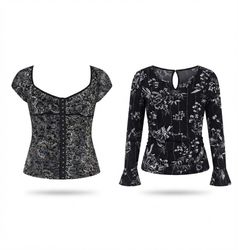 (FV-970) Y2K Black & White Printed mesh Tops