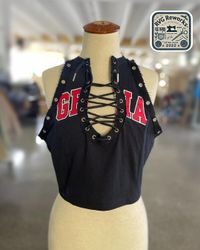 Upcycled y2k Lace-Up Graphic Crop Top