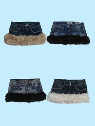 Y2K Denim fur trimmed Mini Skirts