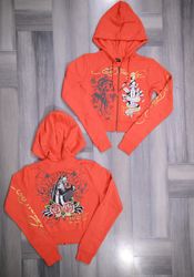 Ed Hardy Women's Orange Panther Rose Cropped Zippe..