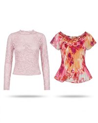 (FV-1089) Y2K Pink & Red Tops Bundle | Floral, She..