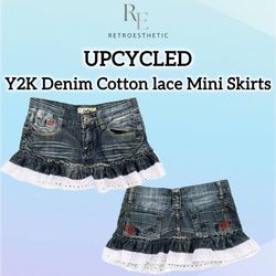 Upcycled Denim & Cotton Lace Mini Skirts