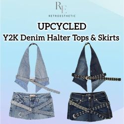 Upcycled Denim Halter Top &  Mini Skirt