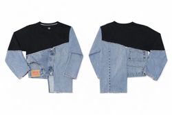 CR1488 Upcycled denim patchwork sweatshirt