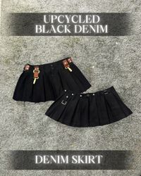 Upcycled Black Denim Pleated Skirt