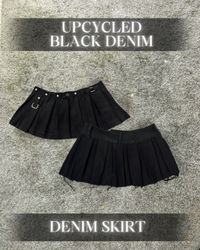 Upcycled Black Denim Pleated Skirt