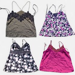 SA489 Y2K Lace Trim Cami Tops - Satin Floral Spagh..