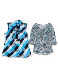 (FV-1127) Vintage Blue Printed Knot Front Top