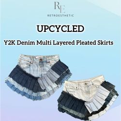 Upcycled Y2K Denim Multi Layered Pleated Mini Skir..