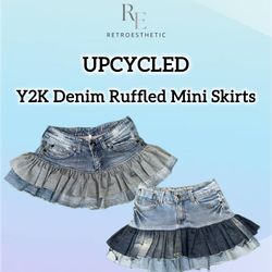 Upcycled Y2K Denim Ruffles Mini Skirts