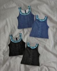 Upcycled Plaid Trim Denim Top
