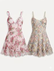 (FV-1196) Y2K Mesh Floral Lace Cami Tops & Romanti..