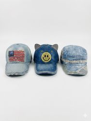 (FV-1198) Y2K Aesthetic Bling Denim Caps Rhineston..