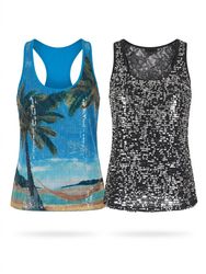 (FV-1218) Vintage Sequin Tank Top Y2K Tropical Bea..