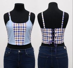 CR1540 Upcycled Denim & Plaid Corset Top