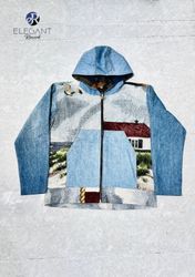 UPCYCLED Tapestry & Denim Hoodie Zipper - EVR0485