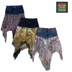 Upcycled Denim & Silk Scarf Asymmetrical Skirt