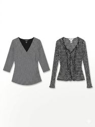 (FV-1329) Black White Wrap Top Elegant Smart Casua..
