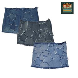 Upcycled Frayed Star Patch Denim Mini Skirt