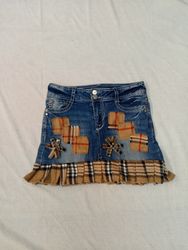 Upcycled Y2K Denim Mini Skirt with Burberry Patchw..