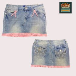 Upcycled Denim Patchwork Lace Mini Skirt