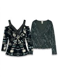 (FV-1390) Y2K Teal Boho Floral Tops & Fairycore Mi..