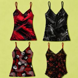 Y2k Crimson Noir Printed Cami Tops