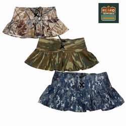 Upcycled Camo Box Pleat Mini Skirt with Suede Lace..