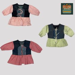 Upcycled Denim Check Peplum Top