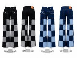 CR1585 Upcycled Checker Patchwork Jeans