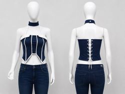 CR1584 Upcycled Denim Corset Halter Top