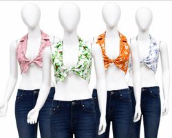 CR1595 Upcycled Tie Front Halter Top