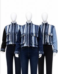 CR1608 UPCYCLED STRIPED PATCHWORK DENIM JACKET