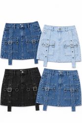 CR1614 UPCYCLED DENIM BELTED MINI SKIRT