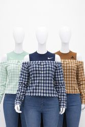 CR1615 UPCYCLED CHECKERED OFF SHOULDER TOP