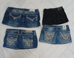 CR8483 UPCYCLED MIX BRANDED MINI DENIM SKIRTS