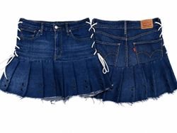 CR1630 UPCYCLED LACE-UP DENIM PLEATED MINI SKIRT