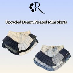 Upcycled Denim Pleated Mini Skirts
